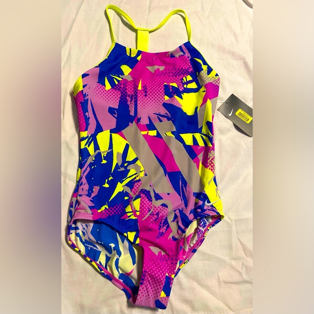 Nike Girls Volt Glow Doodle T-Back One Piece Swimsuit Size 14